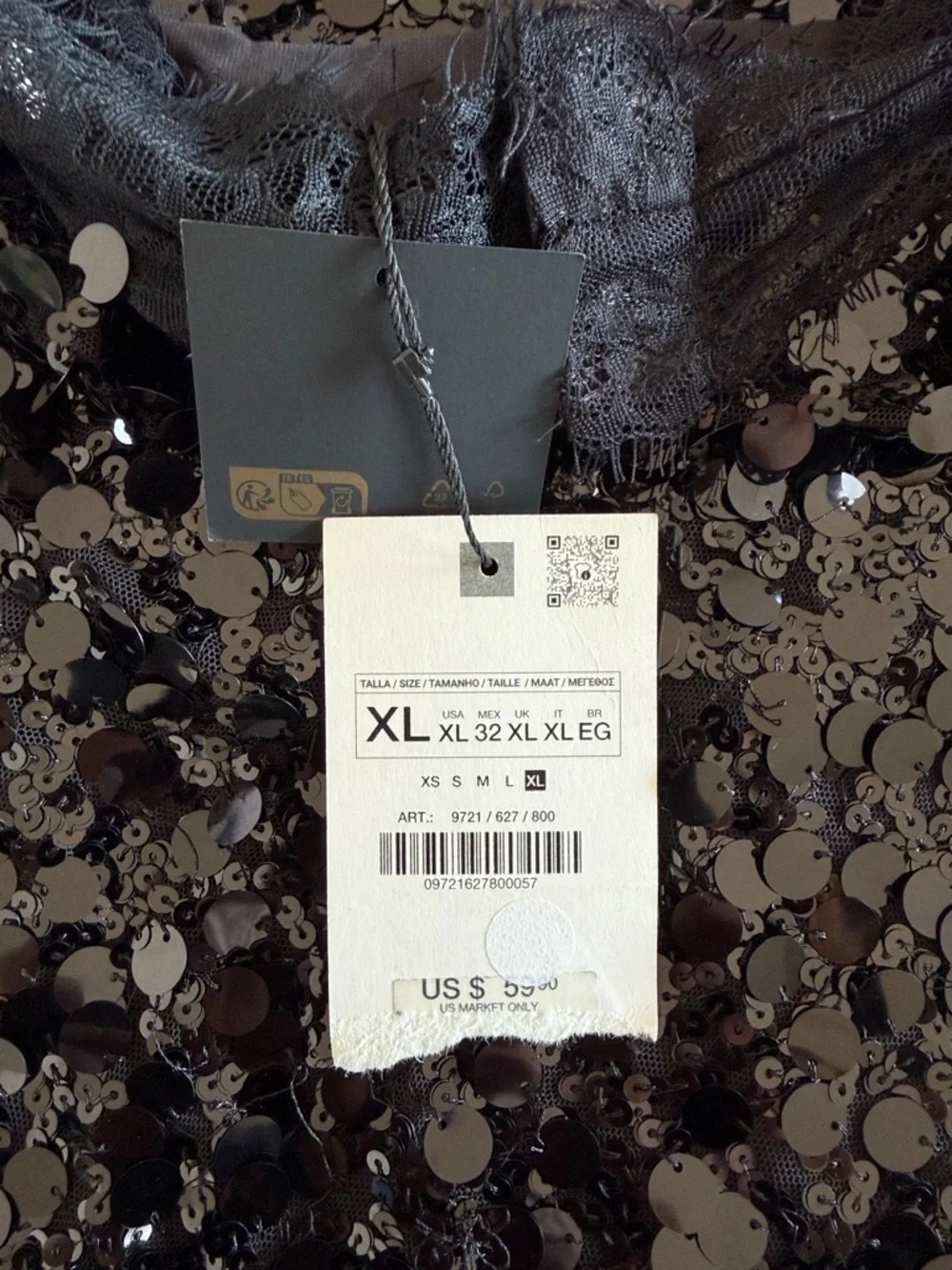 Zara Black Sequin Slip Dress with Lace Bodice - Picture 3 of 3